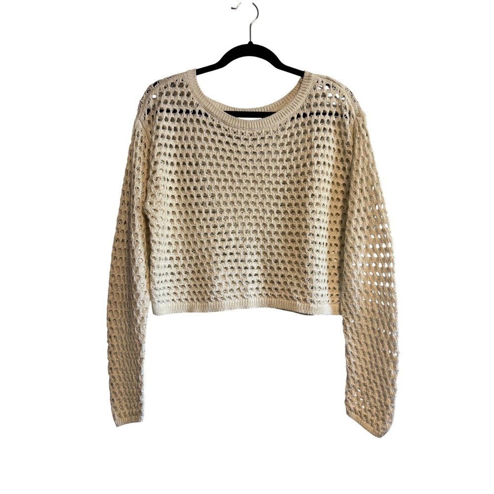 Aerie Open Knit Cropped Sweater Cream Metallic Thread Lightweight Size S
